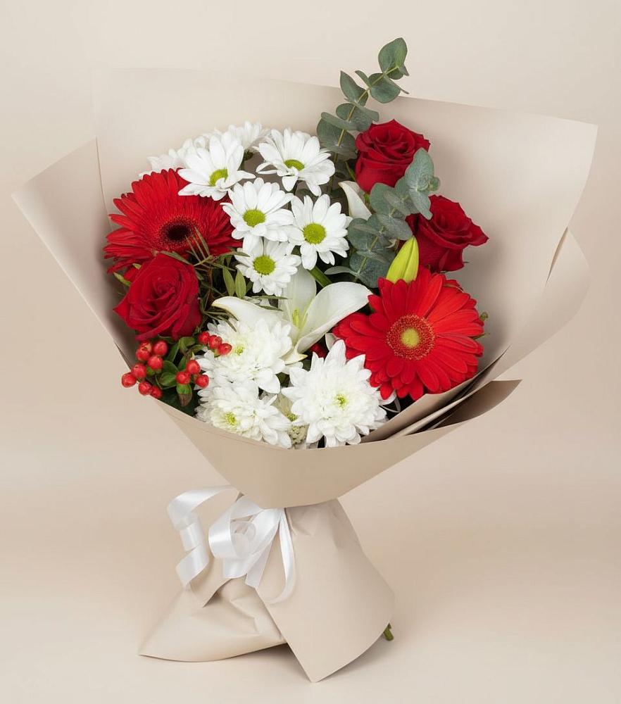 Букет цветов из: Розы, Хризантемы, Герберы и Лилии в Козельске